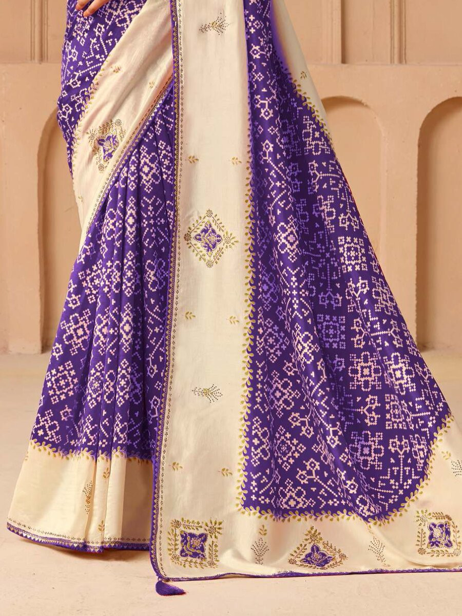 Purple Silk Printed Stone Work Wedding Reception Party Festival Casual Heavy Border Sarees