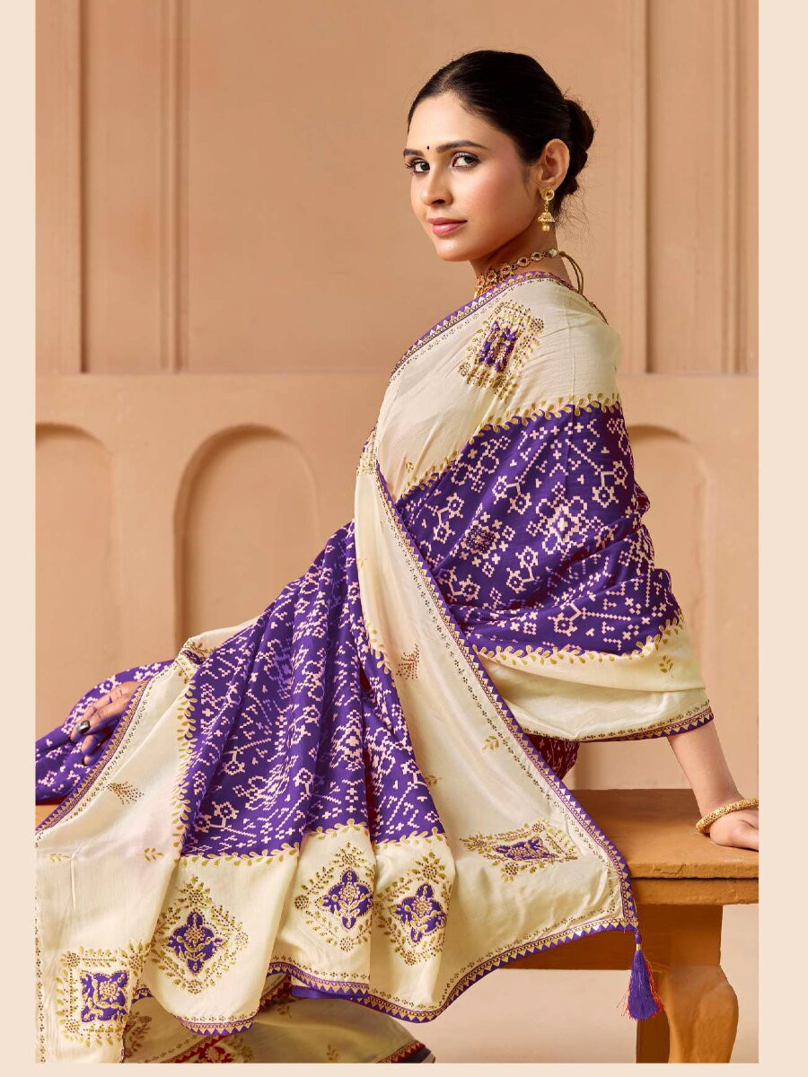 Purple Silk Printed Stone Work Wedding Reception Party Festival Casual Heavy Border Sarees