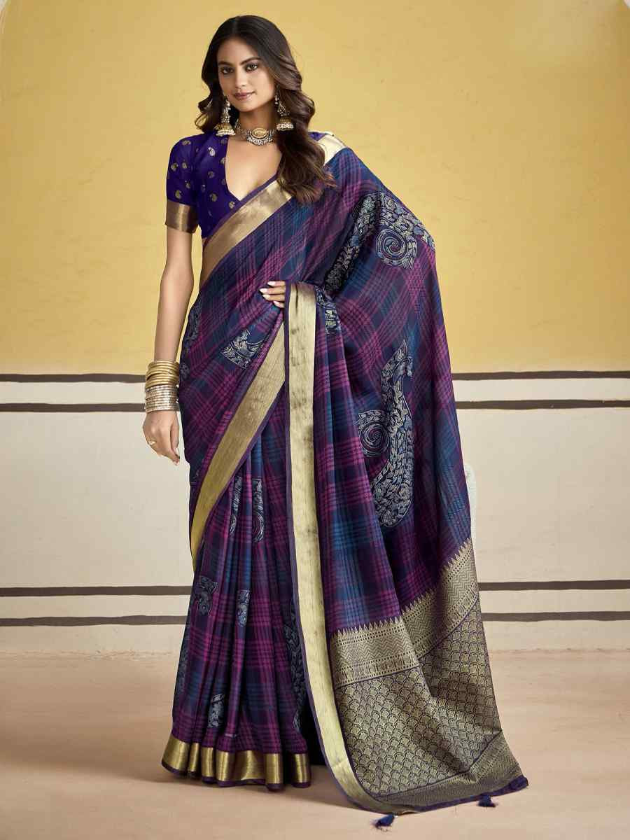 Purple Silk Printed with Handwoven Festival Wedding Fancy Heavy Border Saree