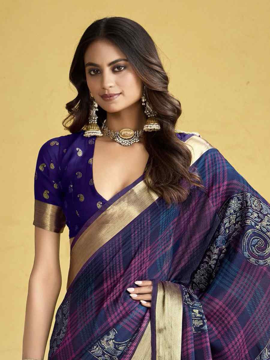 Purple Silk Printed with Handwoven Festival Wedding Fancy Heavy Border Saree