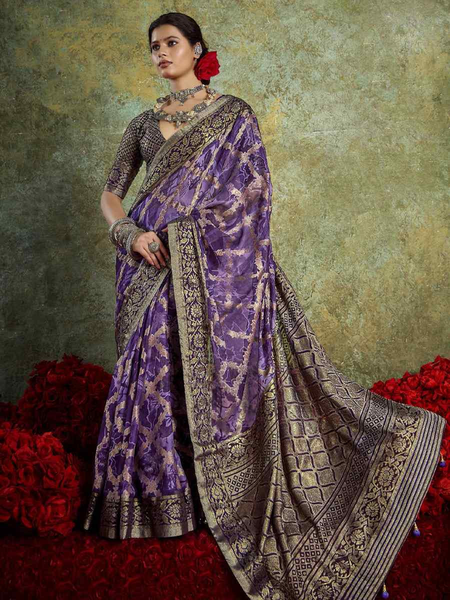 Purple Silk Printed with Handwoven Festival Wedding Fancy Heavy Border Saree