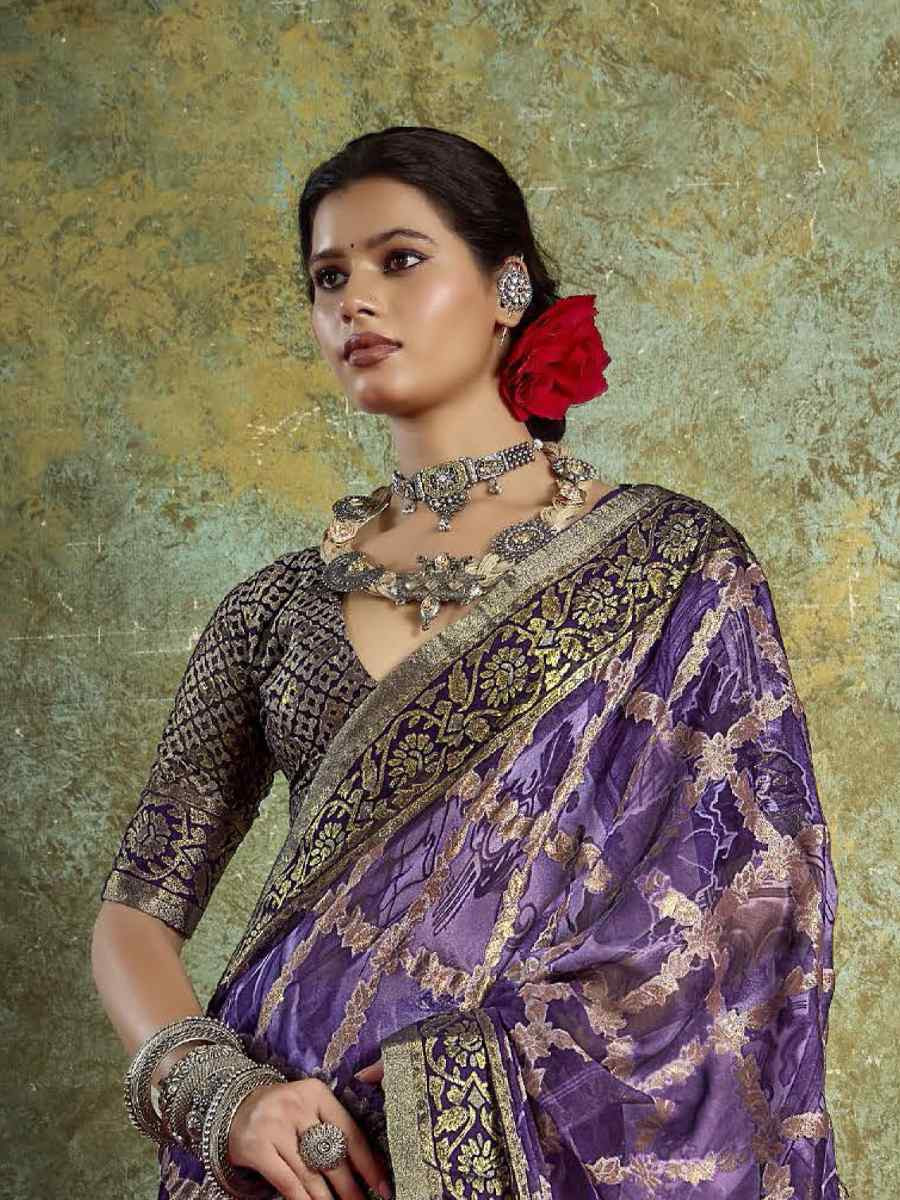 Purple Silk Printed with Handwoven Festival Wedding Fancy Heavy Border Saree