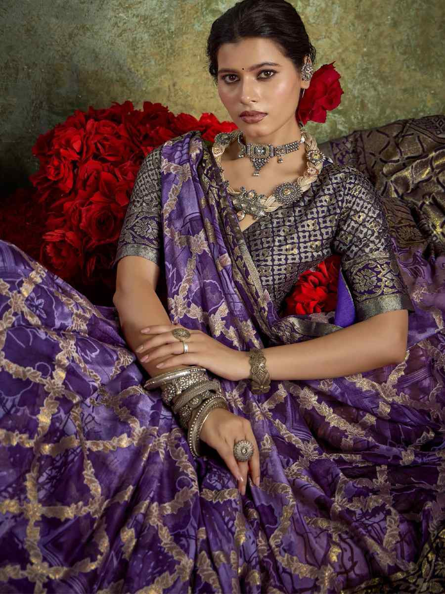 Purple Silk Printed with Handwoven Festival Wedding Fancy Heavy Border Saree
