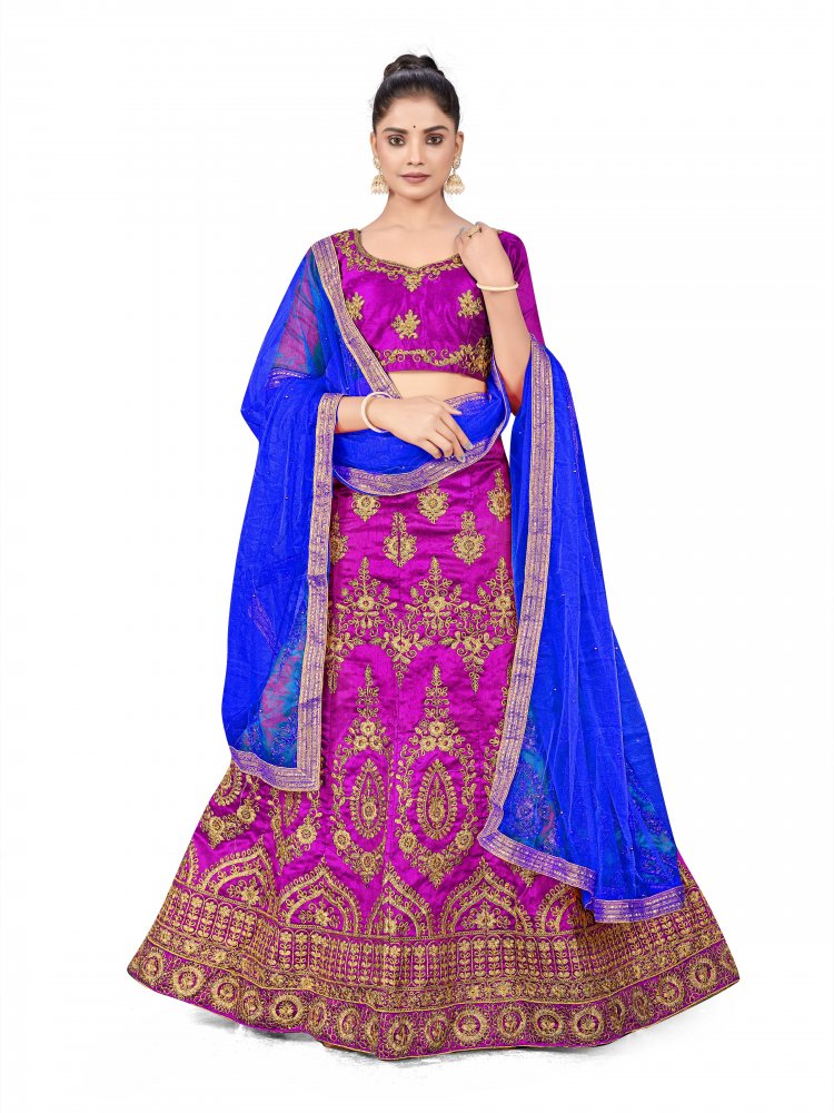 Purple Silk Satin Net Embroidered Festival Wedding Heavy Border Lehenga Choli