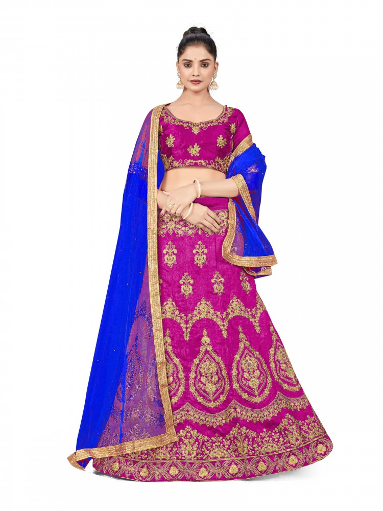 Purple Silk Satin Net Embroidered Festival Wedding Heavy Border Lehenga Choli