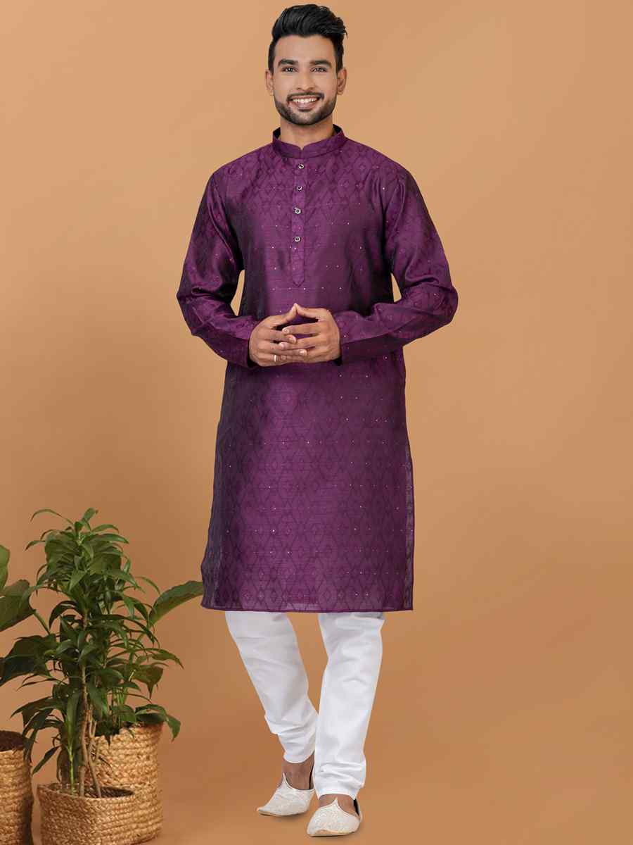 Purple Silk Woven Festival Wedding Sherwani