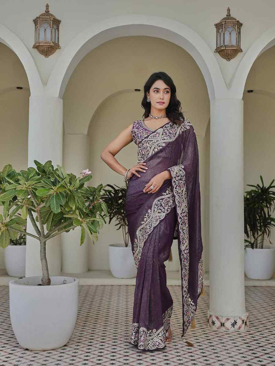 Purple Silver Crunchi Silk Embroidery Traditional Bridal Reception Festival Wedding Fancy Heavy Border Saree