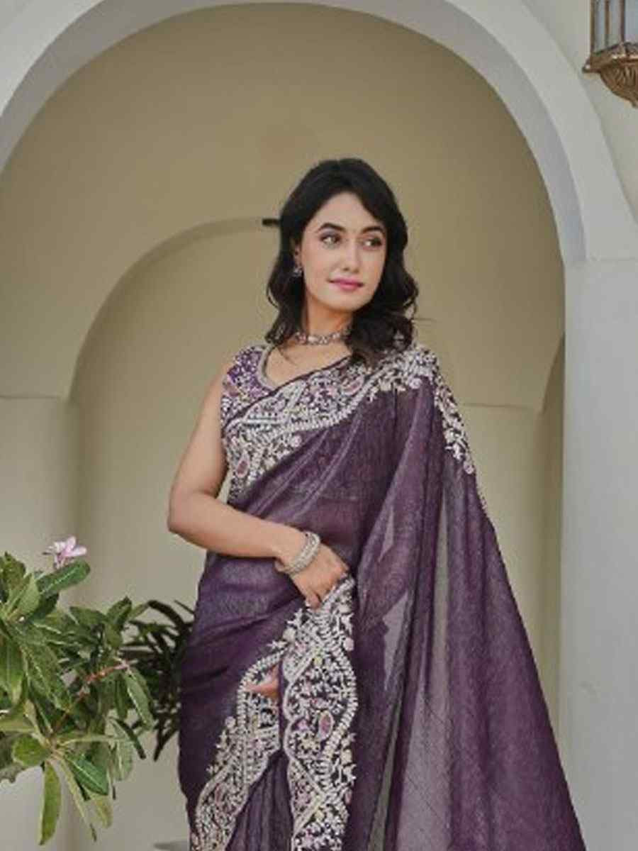 Purple Silver Crunchi Silk Embroidery Traditional Bridal Reception Festival Wedding Fancy Heavy Border Saree
