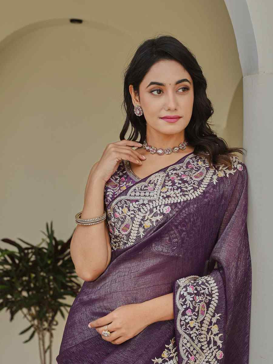 Purple Silver Crunchi Silk Embroidery Traditional Bridal Reception Festival Wedding Fancy Heavy Border Saree