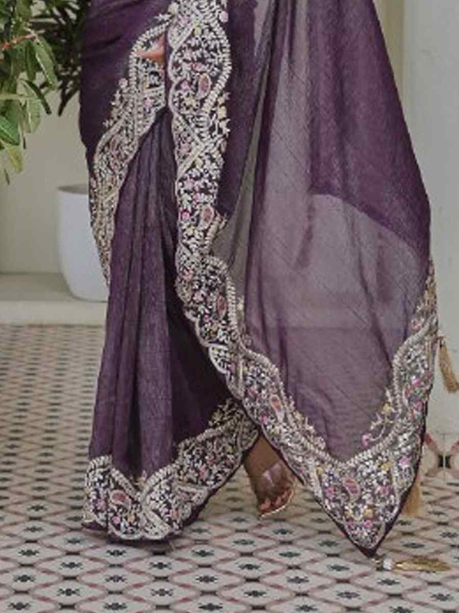 Purple Silver Crunchi Silk Embroidery Traditional Bridal Reception Festival Wedding Fancy Heavy Border Saree