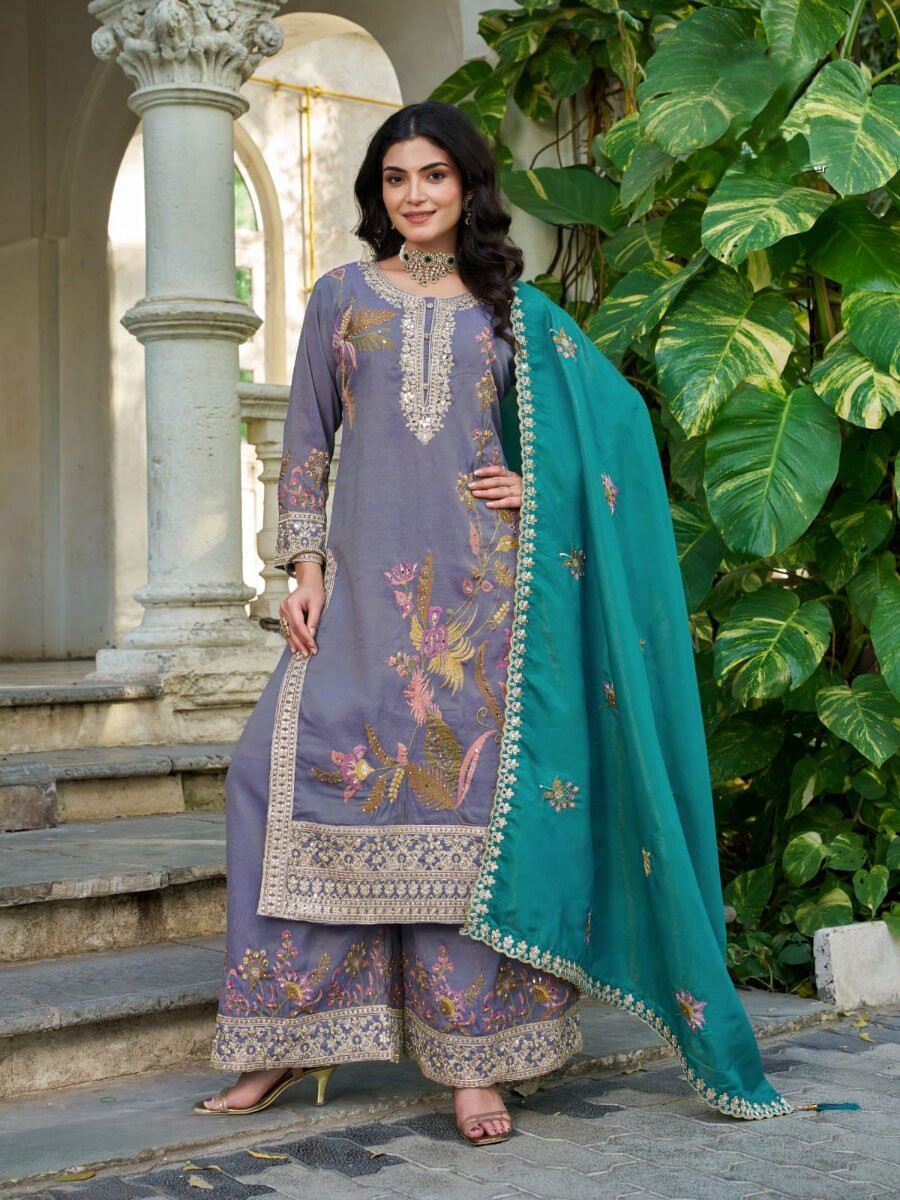 Purple Simmer Embroidery Zari Sequins Wedding Party Festival Casual Ready Palazzo Pant Salwar Kameez