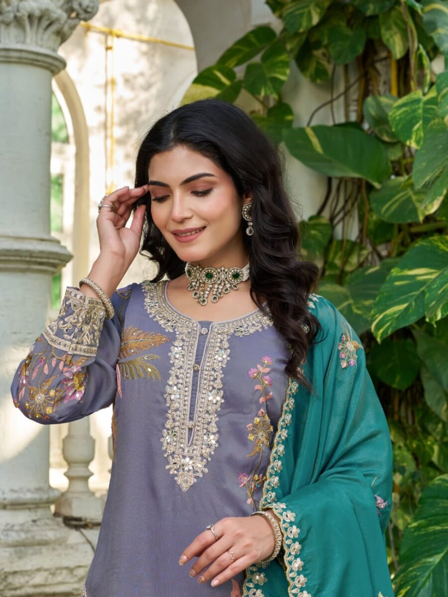 Purple Simmer Embroidery Zari Sequins Wedding Party Festival Casual Ready Palazzo Pant Salwar Kameez