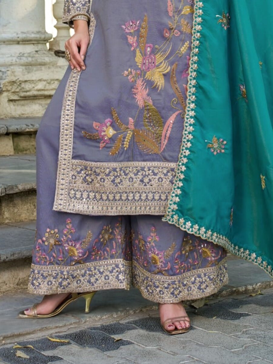 Purple Simmer Embroidery Zari Sequins Wedding Party Festival Casual Ready Palazzo Pant Salwar Kameez