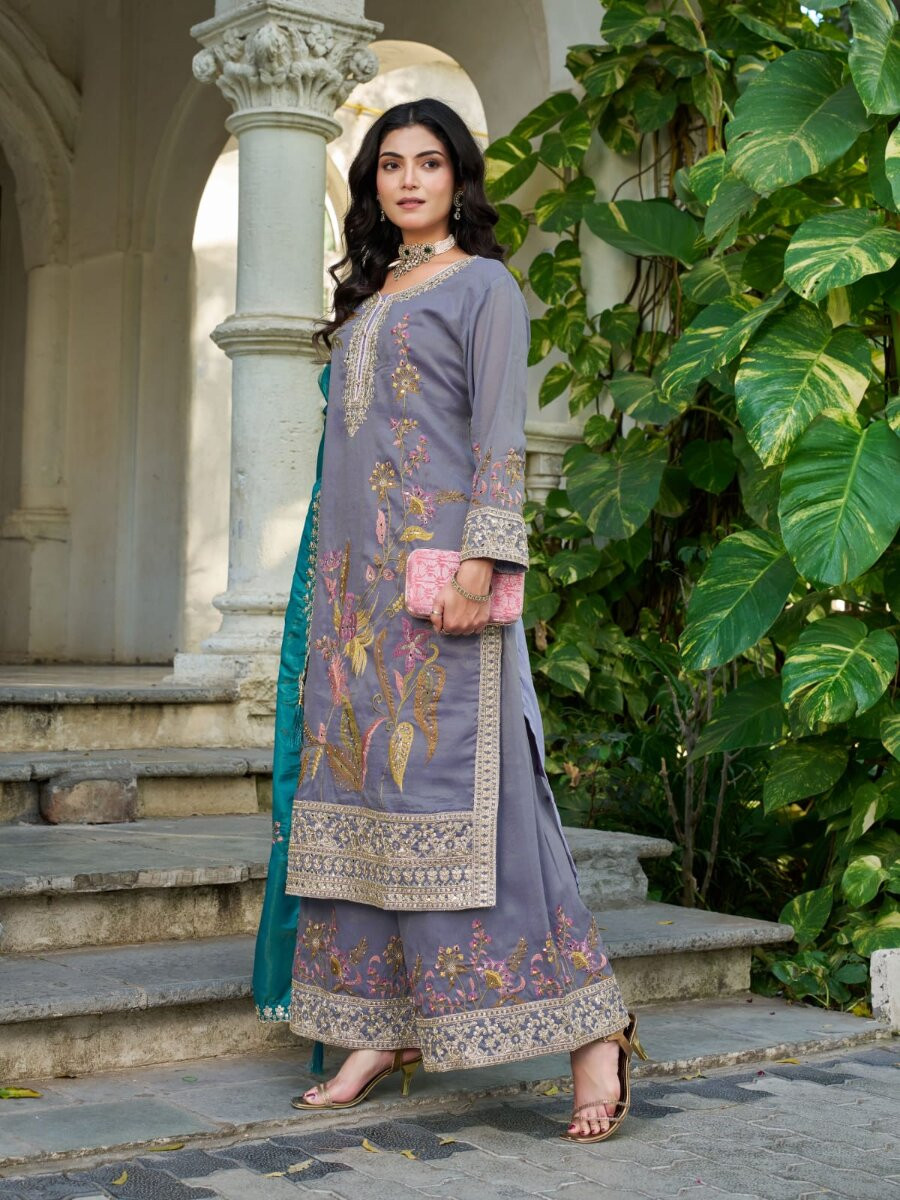 Purple Simmer Embroidery Zari Sequins Wedding Party Festival Casual Ready Palazzo Pant Salwar Kameez