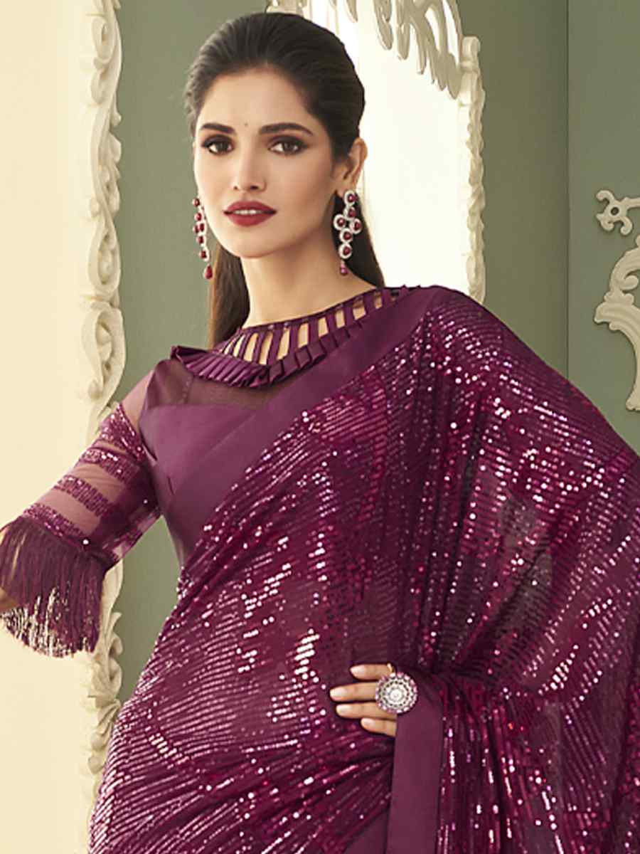 Purple Smooth Gerogette Sequins Party Cocktail Classic Style Saree