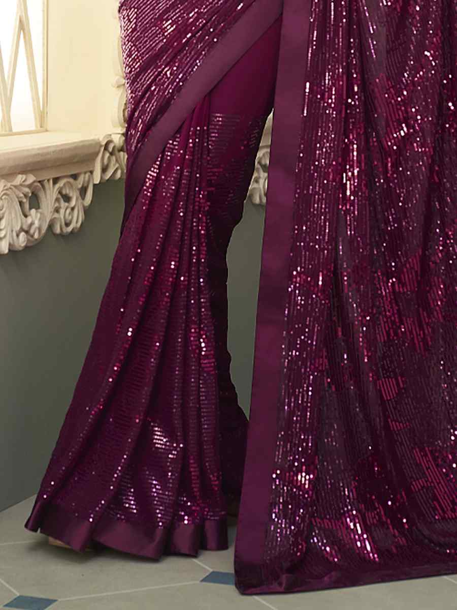Purple Smooth Gerogette Sequins Party Cocktail Classic Style Saree