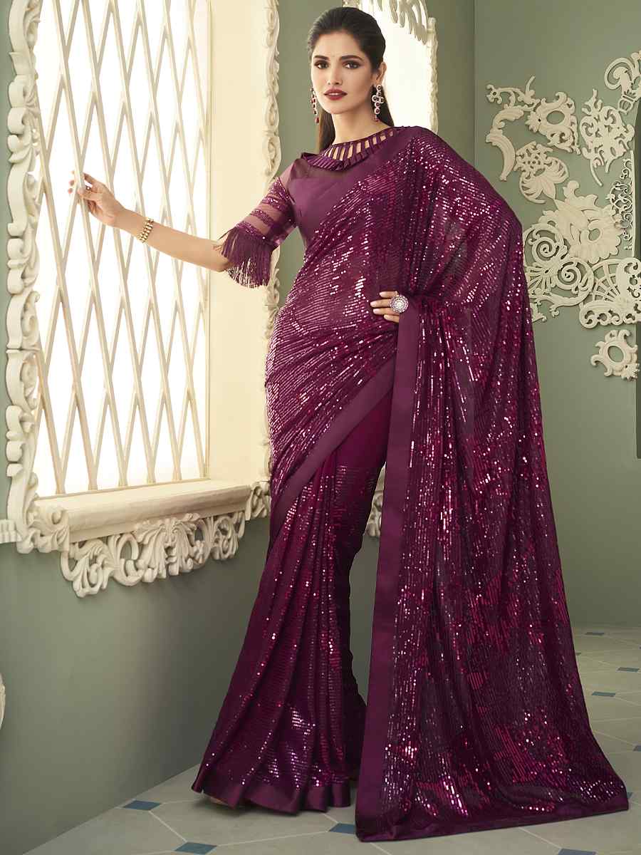 Purple Smooth Gerogette Sequins Party Cocktail Classic Style Saree