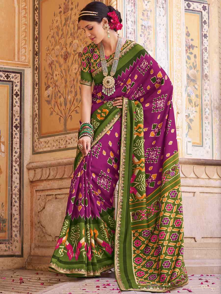 Purple Smooth Patola Silk Printed Casual Festival Contemporary Saree