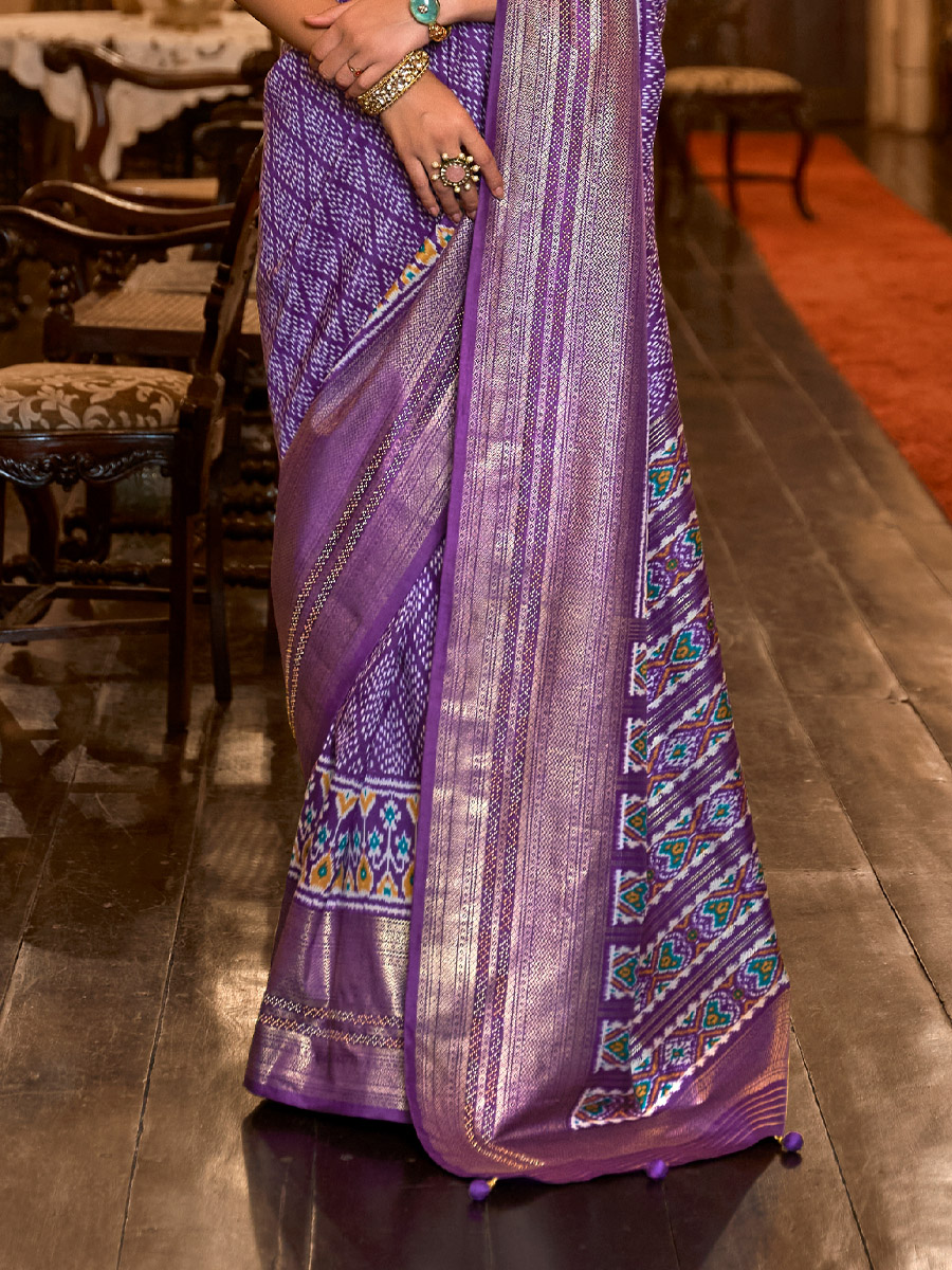 Purple Smuth Patola Silk Handwoven Wedding Festival Heavy Border Saree