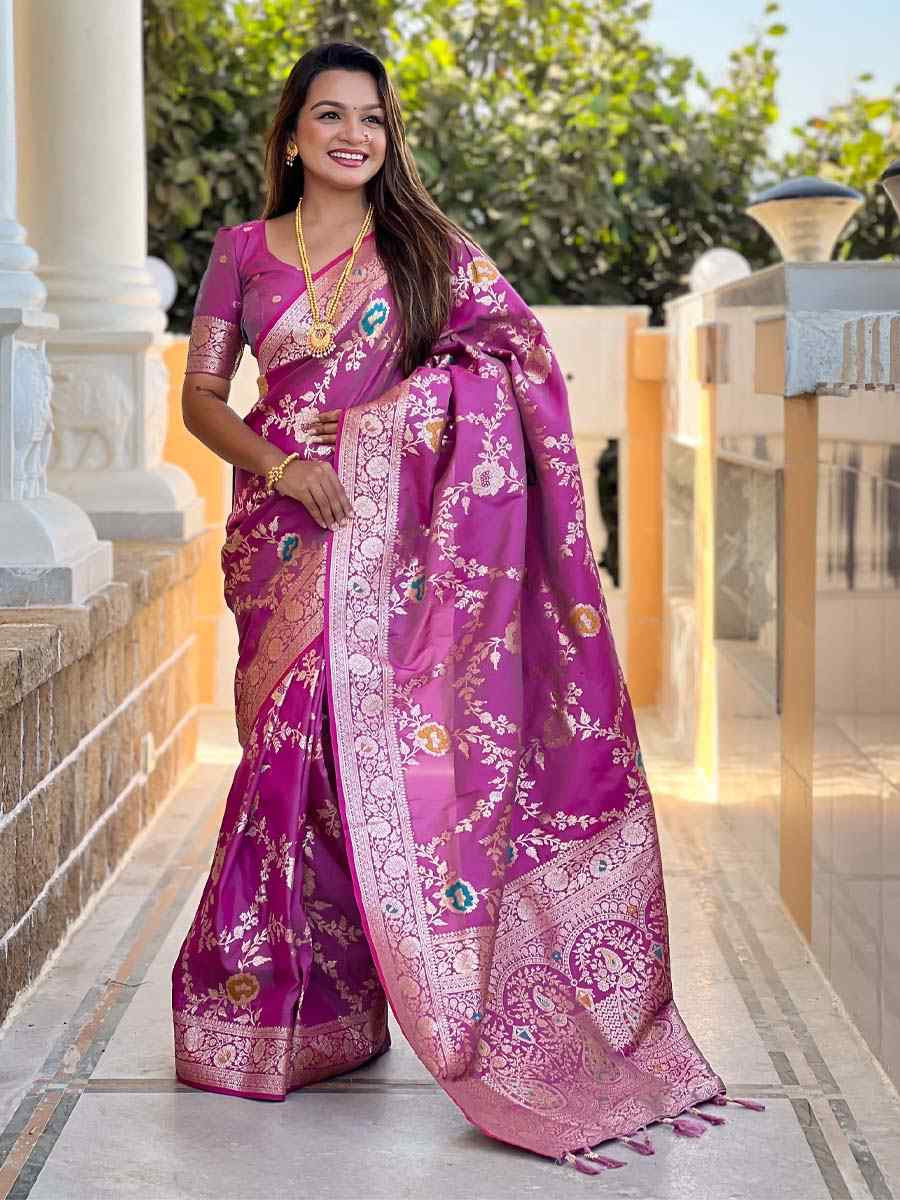 Purple Soft Banarashi Silk Handwoven Festival Wedding Fancy Heavy Border Saree