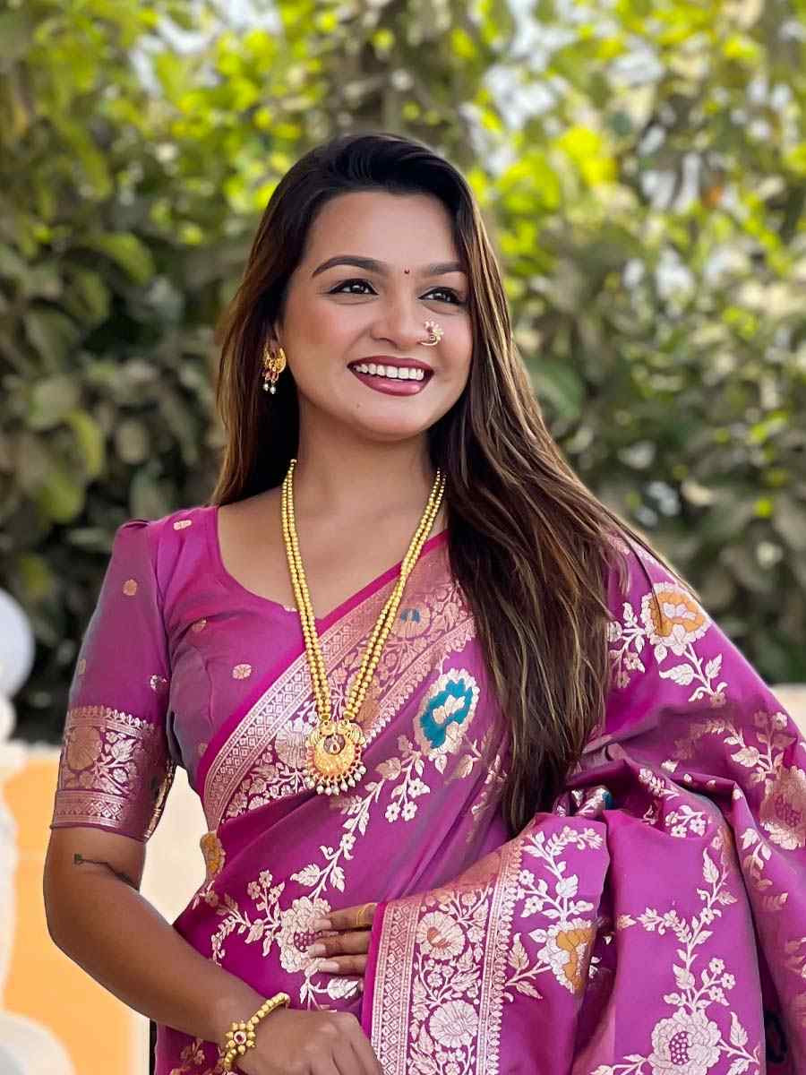 Purple Soft Banarashi Silk Handwoven Festival Wedding Fancy Heavy Border Saree