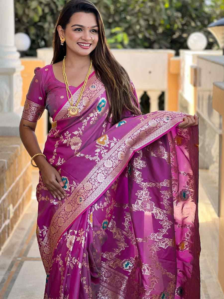 Purple Soft Banarashi Silk Handwoven Festival Wedding Fancy Heavy Border Saree
