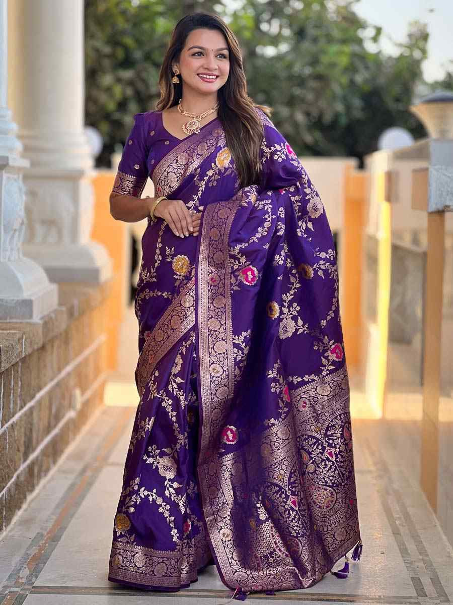 Purple Soft Banarashi Silk Handwoven Festival Wedding Fancy Heavy Border Saree