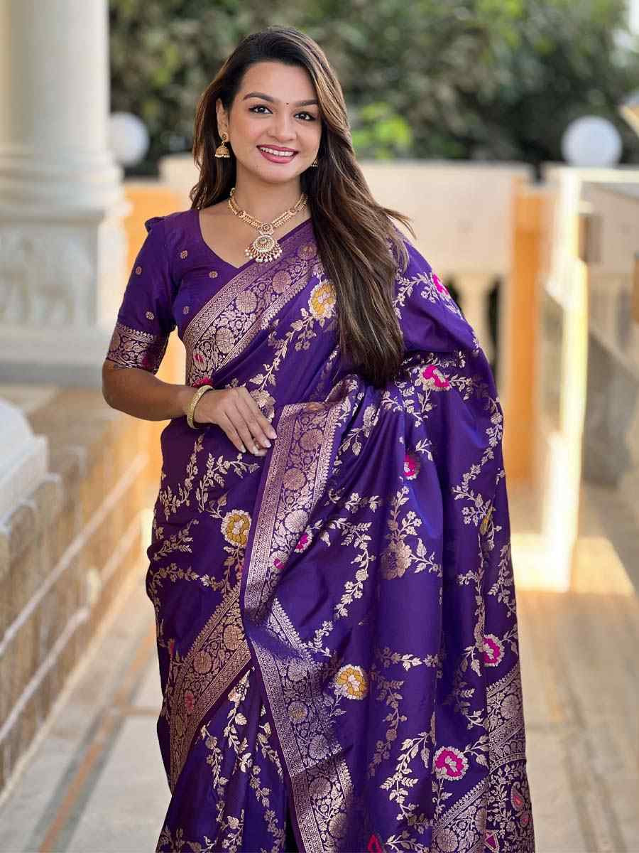 Purple Soft Banarashi Silk Handwoven Festival Wedding Fancy Heavy Border Saree