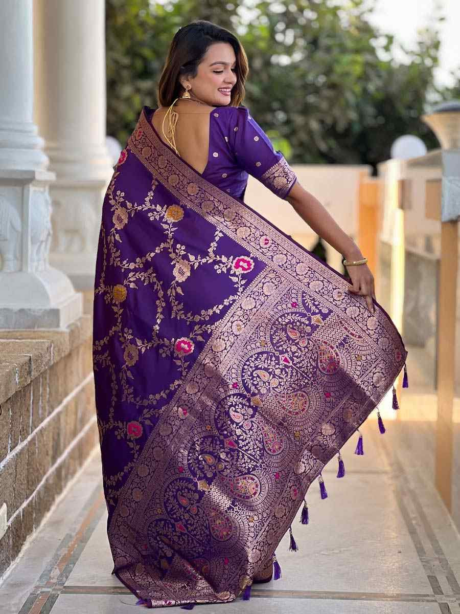 Purple Soft Banarashi Silk Handwoven Festival Wedding Fancy Heavy Border Saree