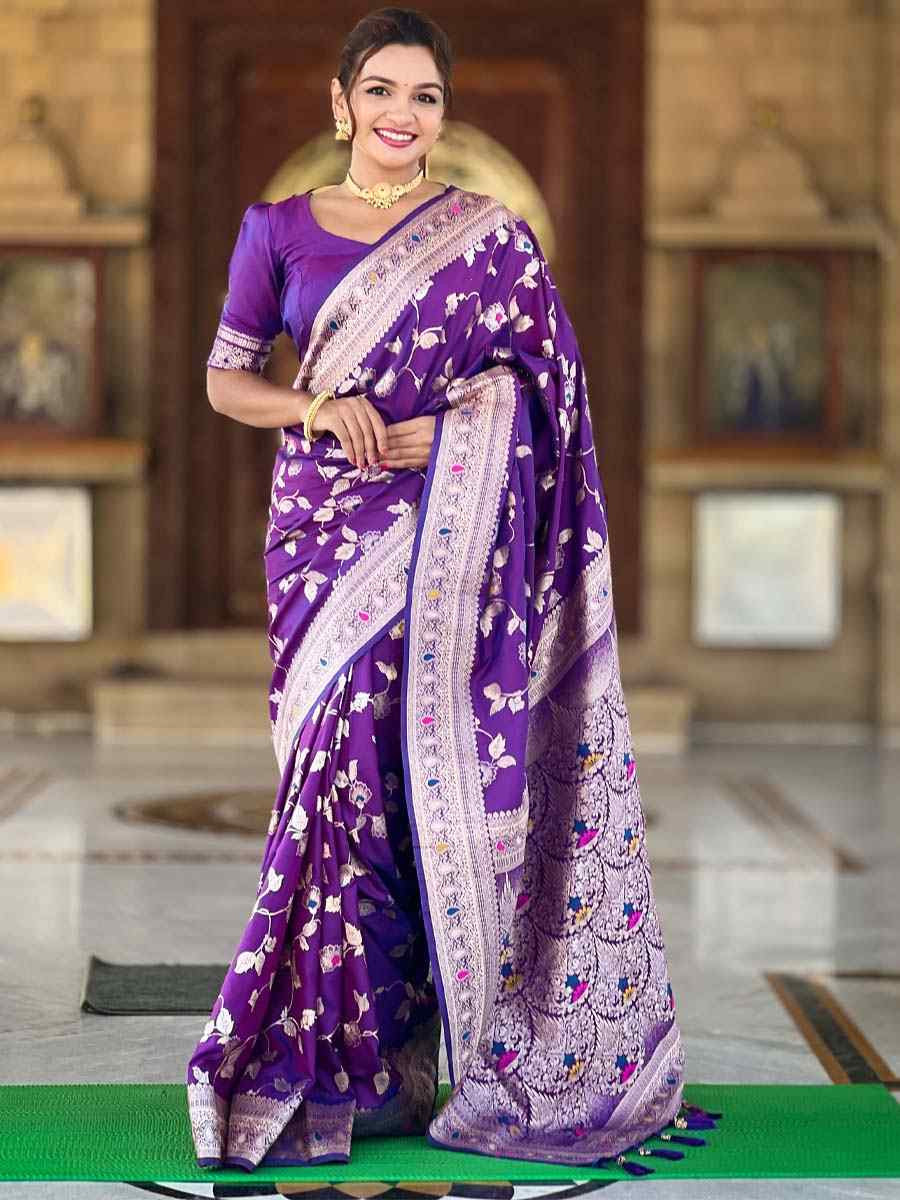 Purple Soft Banarashi Silk Handwoven Festival Wedding Fancy Heavy Border Saree