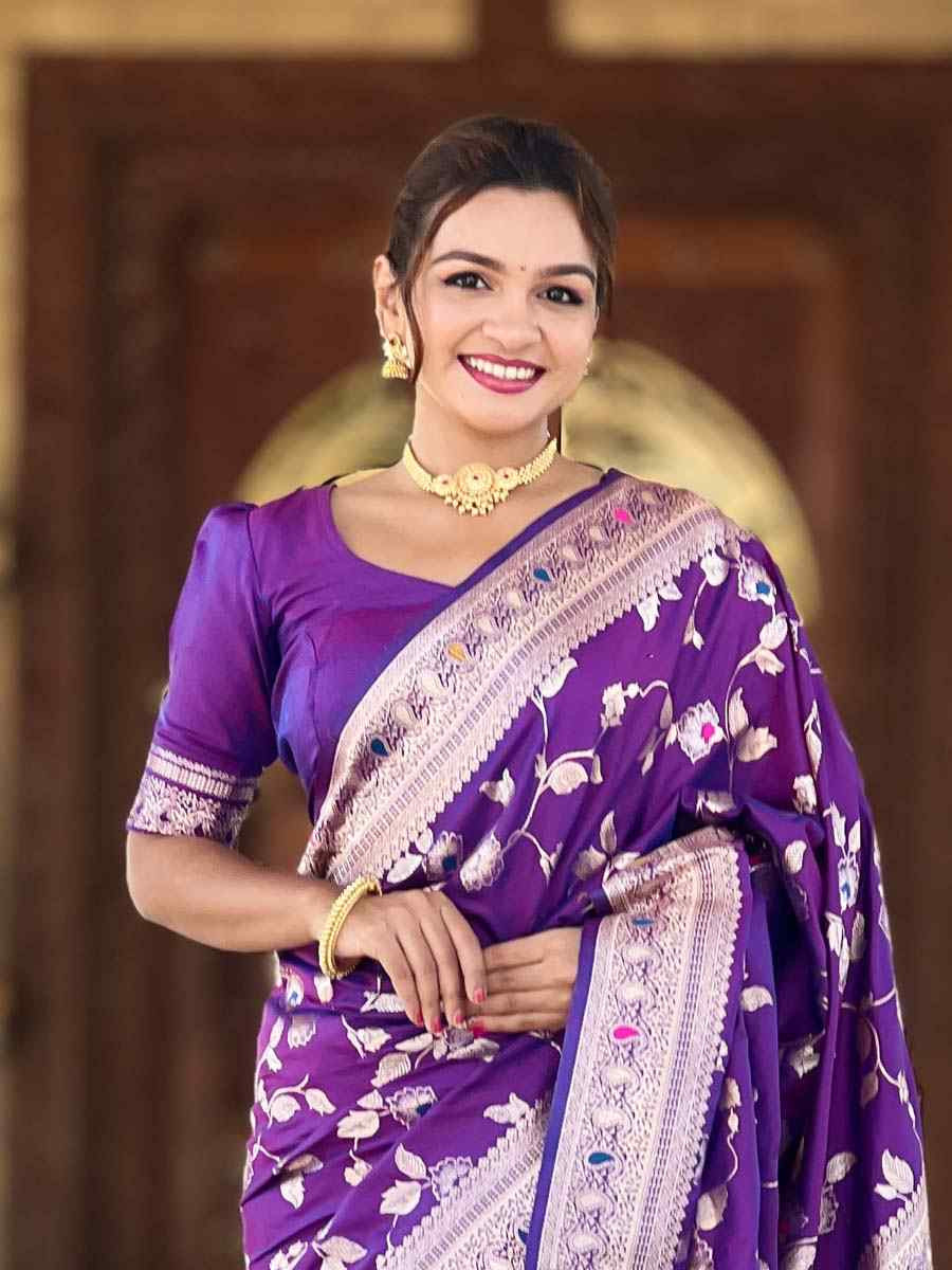 Purple Soft Banarashi Silk Handwoven Festival Wedding Fancy Heavy Border Saree