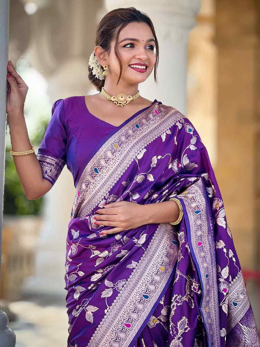Purple Soft Banarashi Silk Handwoven Festival Wedding Fancy Heavy Border Saree