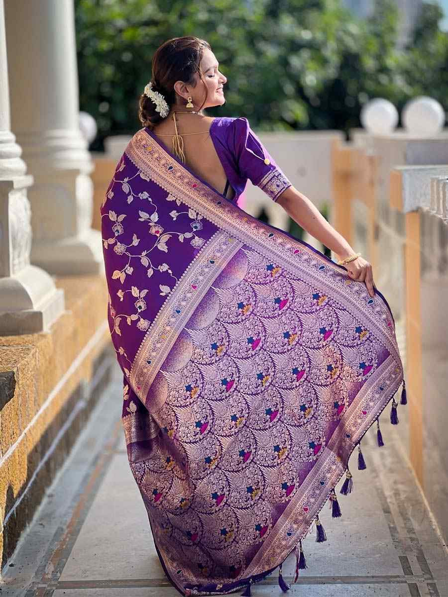 Purple Soft Banarashi Silk Handwoven Festival Wedding Fancy Heavy Border Saree