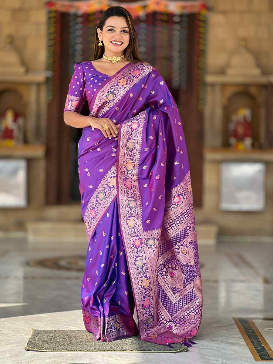 Purple Soft Banarashi Silk Handwoven Festival Wedding Heavy Border Saree