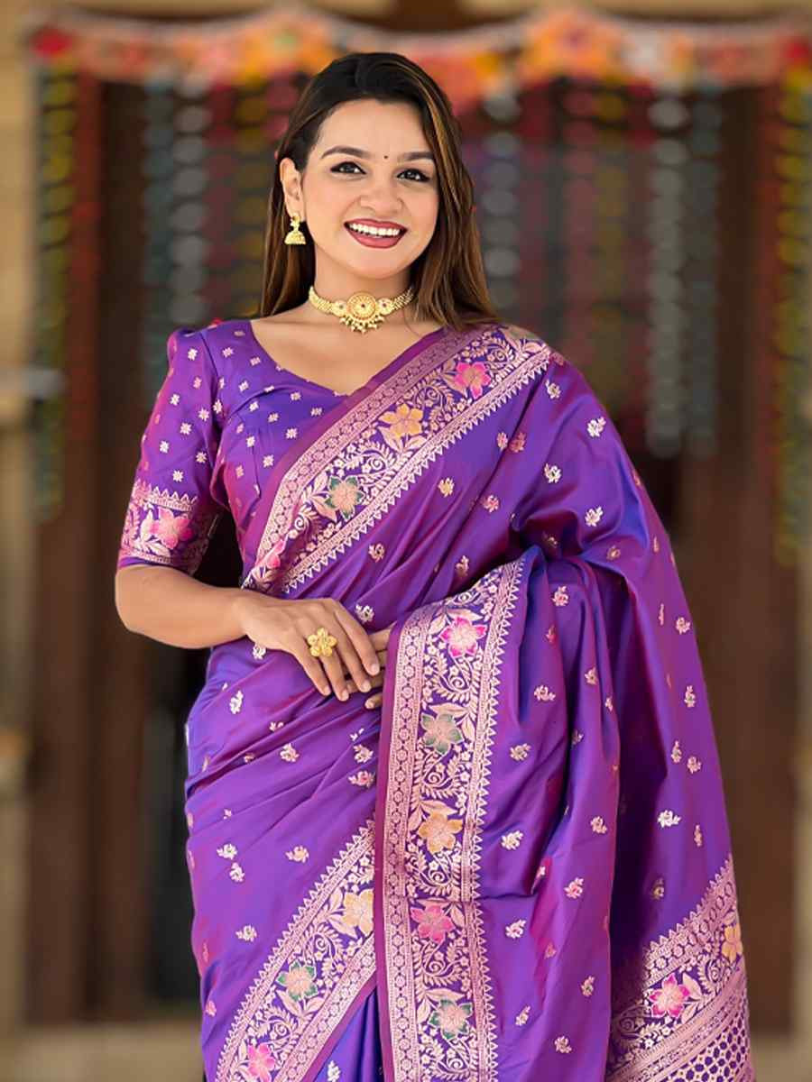 Purple Soft Banarashi Silk Handwoven Festival Wedding Heavy Border Saree