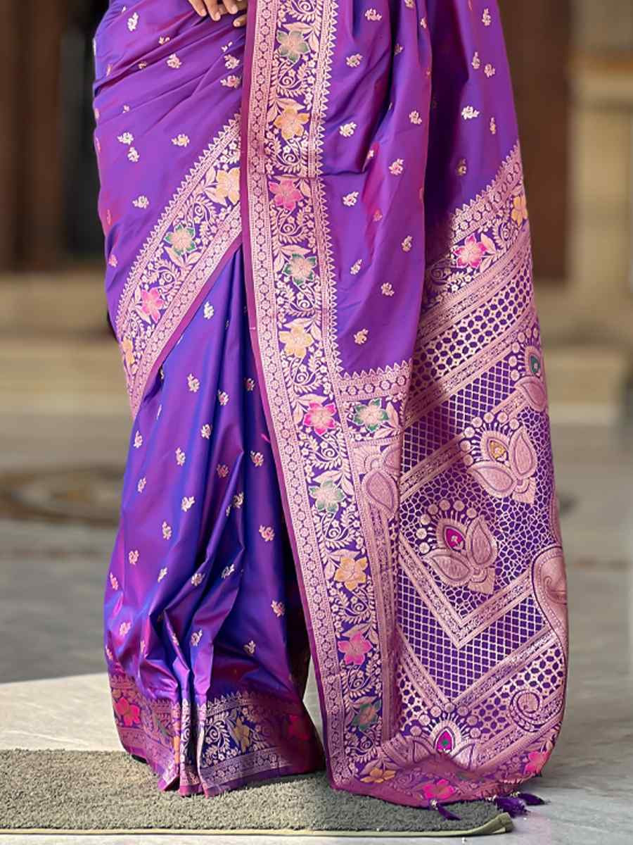 Purple Soft Banarashi Silk Handwoven Festival Wedding Heavy Border Saree