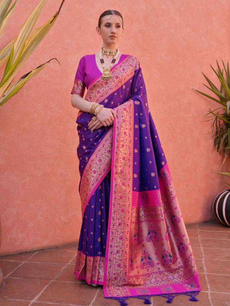 Image of Purple Soft Banarasi Silk Handwoven Casual Reception Festival Wedding Fancy Heavy Border Saree