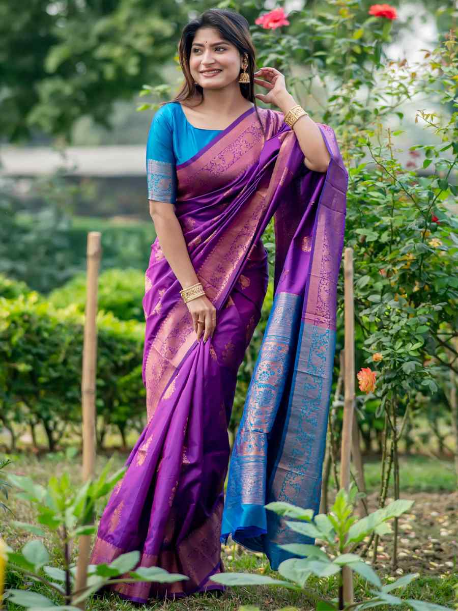 Purple Soft Banarasi Silk Handwoven Festival Festival Heavy Border Saree