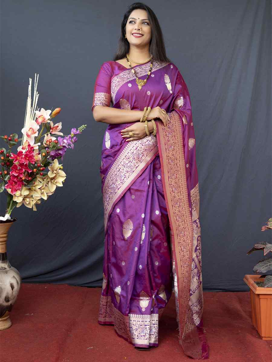 Purple Soft Banarasi Silk Handwoven Wedding Festival Heavy Border Saree
