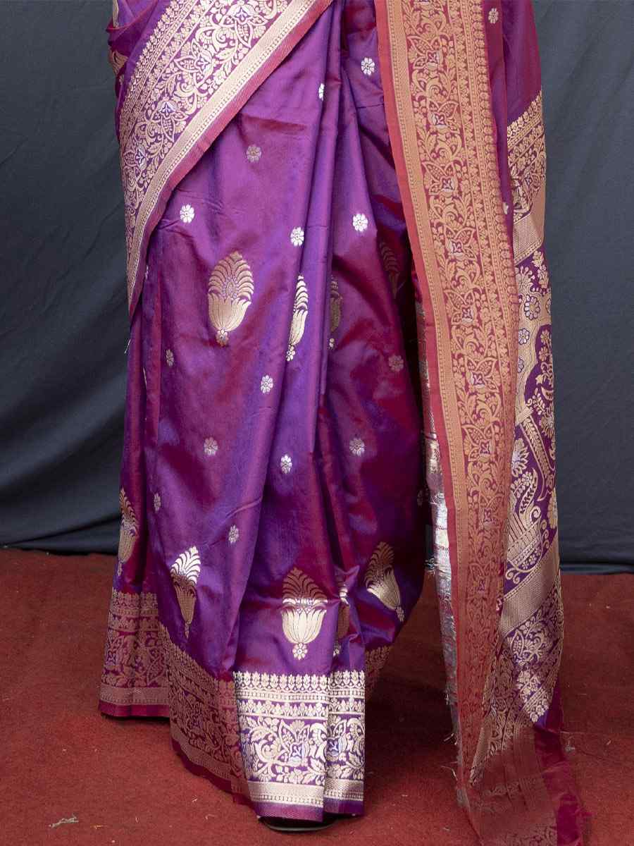 Purple Soft Banarasi Silk Handwoven Wedding Festival Heavy Border Saree