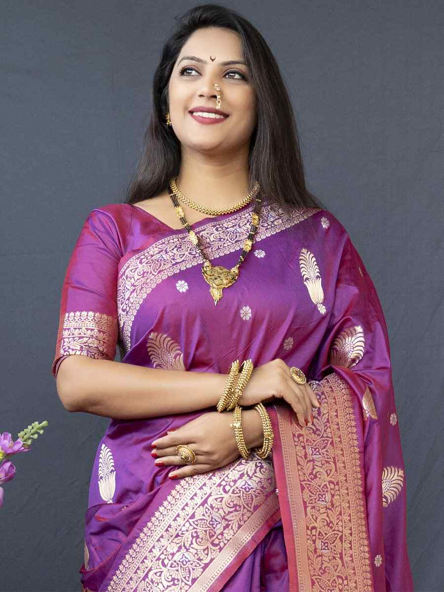 Purple Soft Banarasi Silk Handwoven Wedding Festival Heavy Border Saree