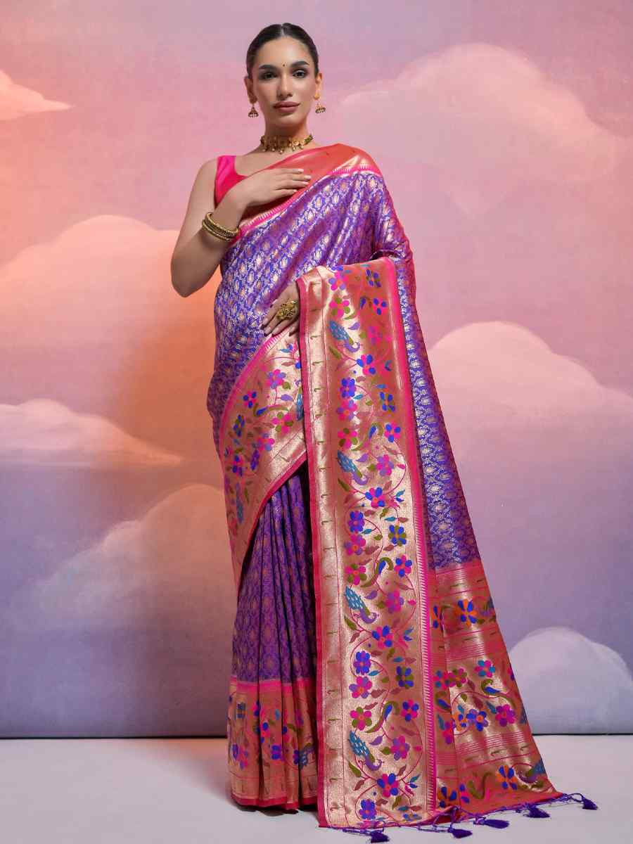 Purple Soft Banarasi Silk Kanjivaram Party Bridal Reception Festival Wedding Fancy Heavy Border Saree