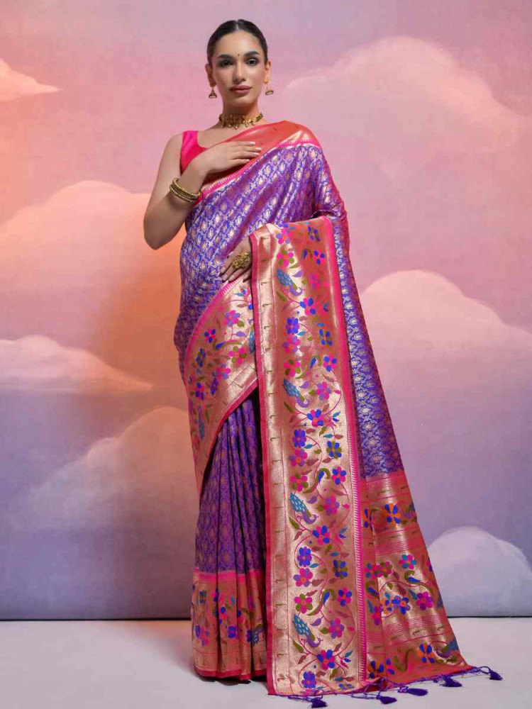 Image of Purple Soft Banarasi Silk Kanjivaram Party Bridal Reception Festival Wedding Fancy Heavy Border Saree