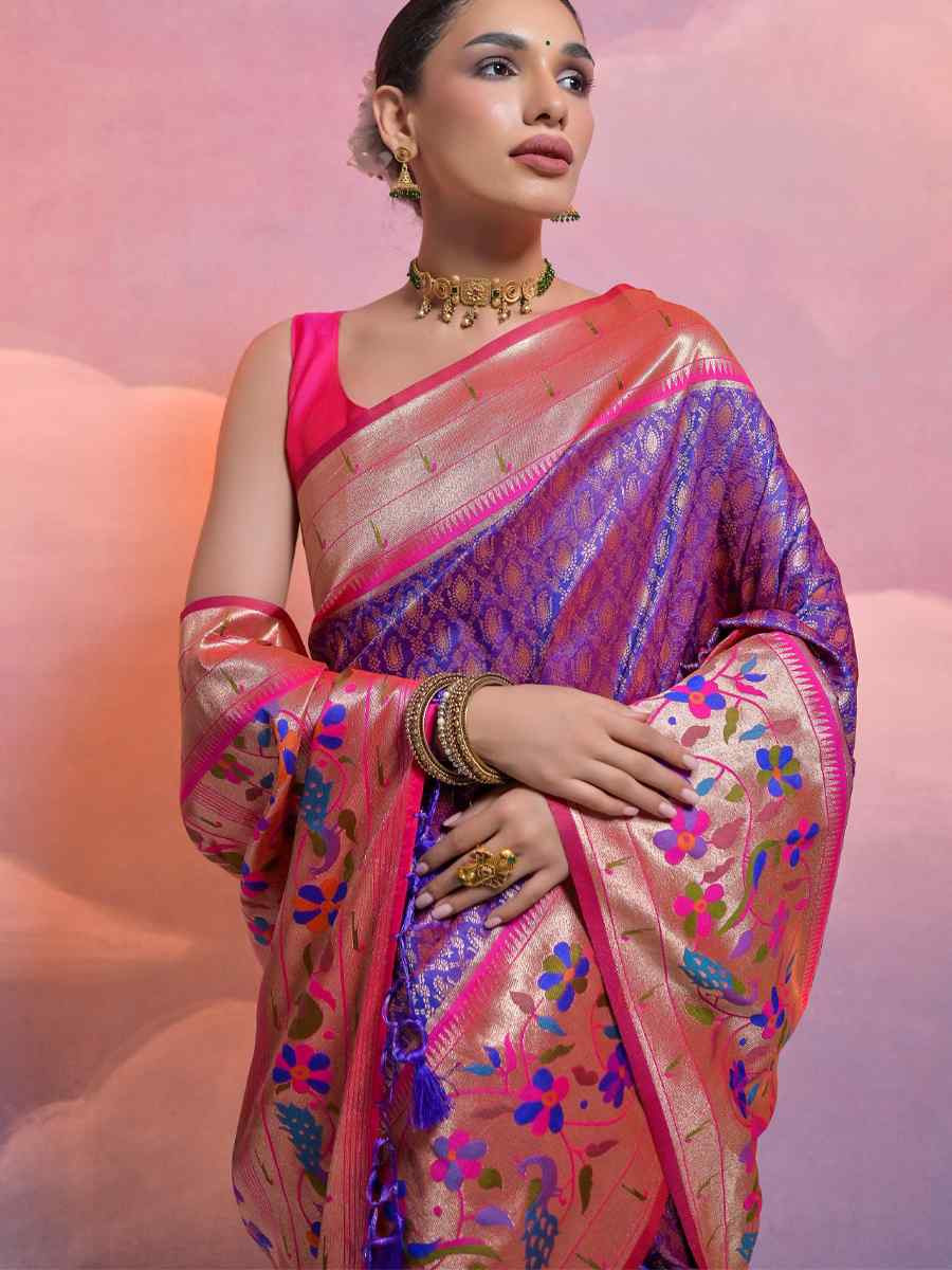 Purple Soft Banarasi Silk Kanjivaram Party Bridal Reception Festival Wedding Fancy Heavy Border Saree