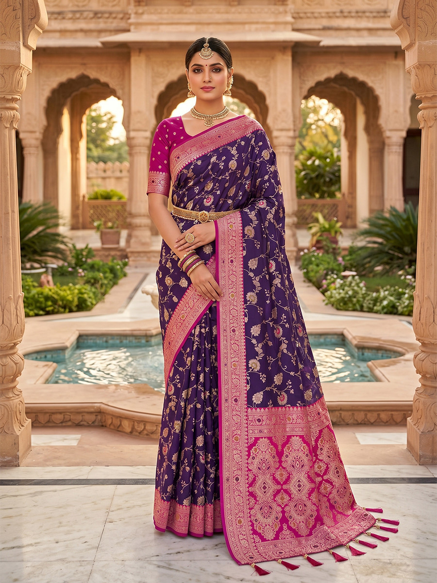 Purple Soft Banarasi Silk Zari Weaving Meenakari Touchup Wedding Reception Party Festival Casual Heavy Border Sarees
