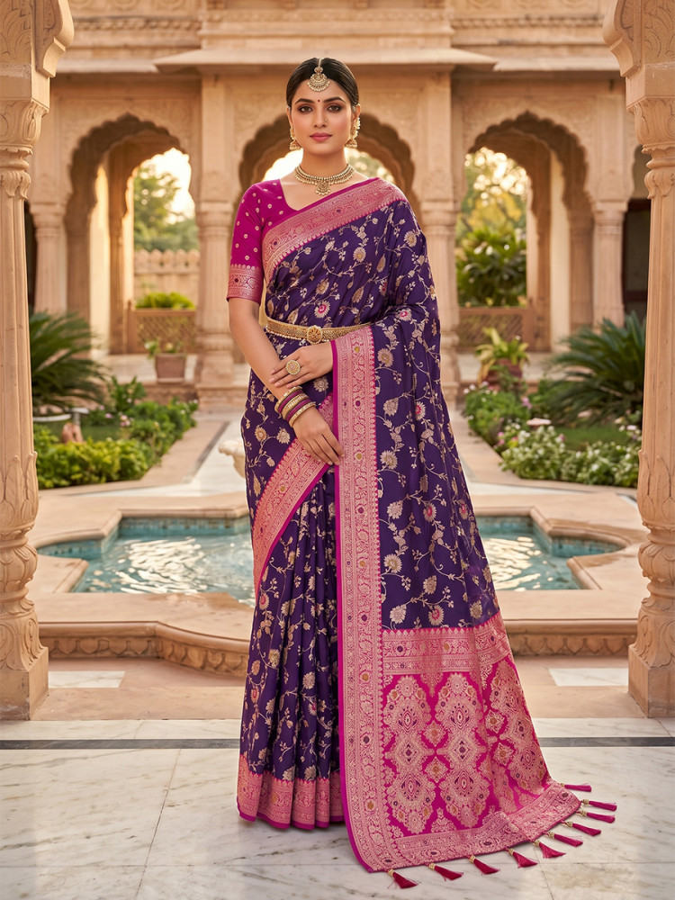 Image of Purple Soft Banarasi Silk Zari Weaving Meenakari Touchup Wedding Reception Party Festival Casual Heavy Border Sarees
