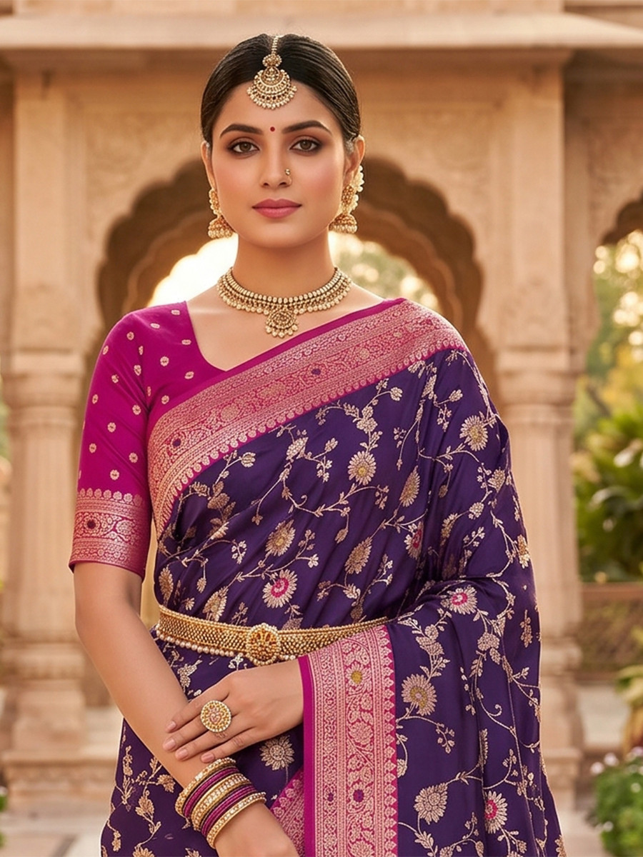 Purple Soft Banarasi Silk Zari Weaving Meenakari Touchup Wedding Reception Party Festival Casual Heavy Border Sarees