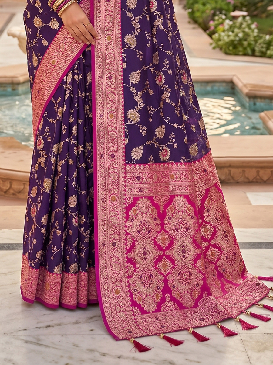 Purple Soft Banarasi Silk Zari Weaving Meenakari Touchup Wedding Reception Party Festival Casual Heavy Border Sarees