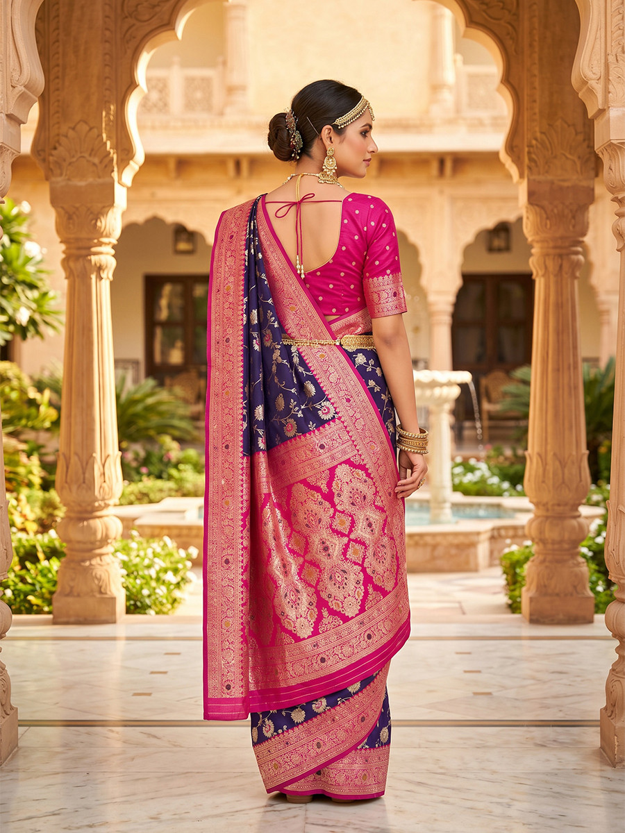 Purple Soft Banarasi Silk Zari Weaving Meenakari Touchup Wedding Reception Party Festival Casual Heavy Border Sarees