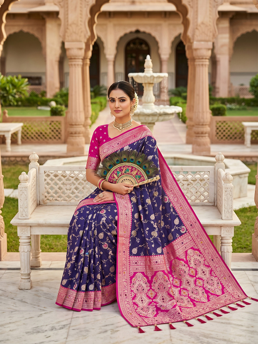 Purple Soft Banarasi Silk Zari Weaving Meenakari Touchup Wedding Reception Party Festival Casual Heavy Border Sarees